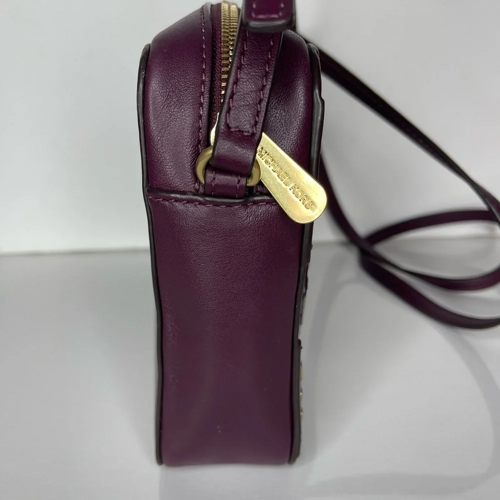 Michael Kors Studded Leather Crossbody Bag Plum Burgundy Gold Tone